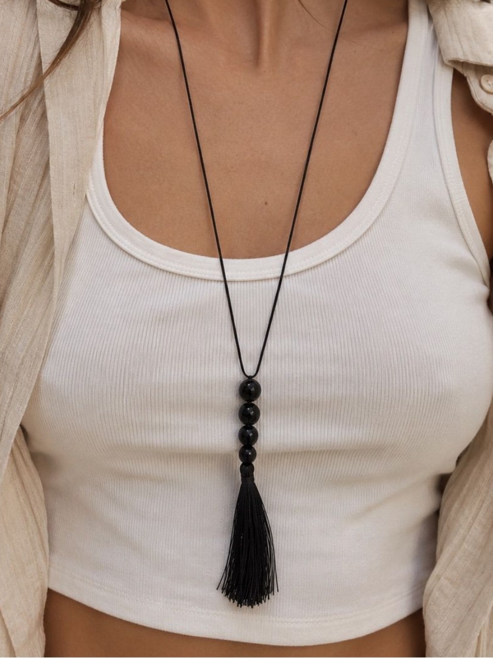 Elan Black Beaded Tassel Pendant Necklace